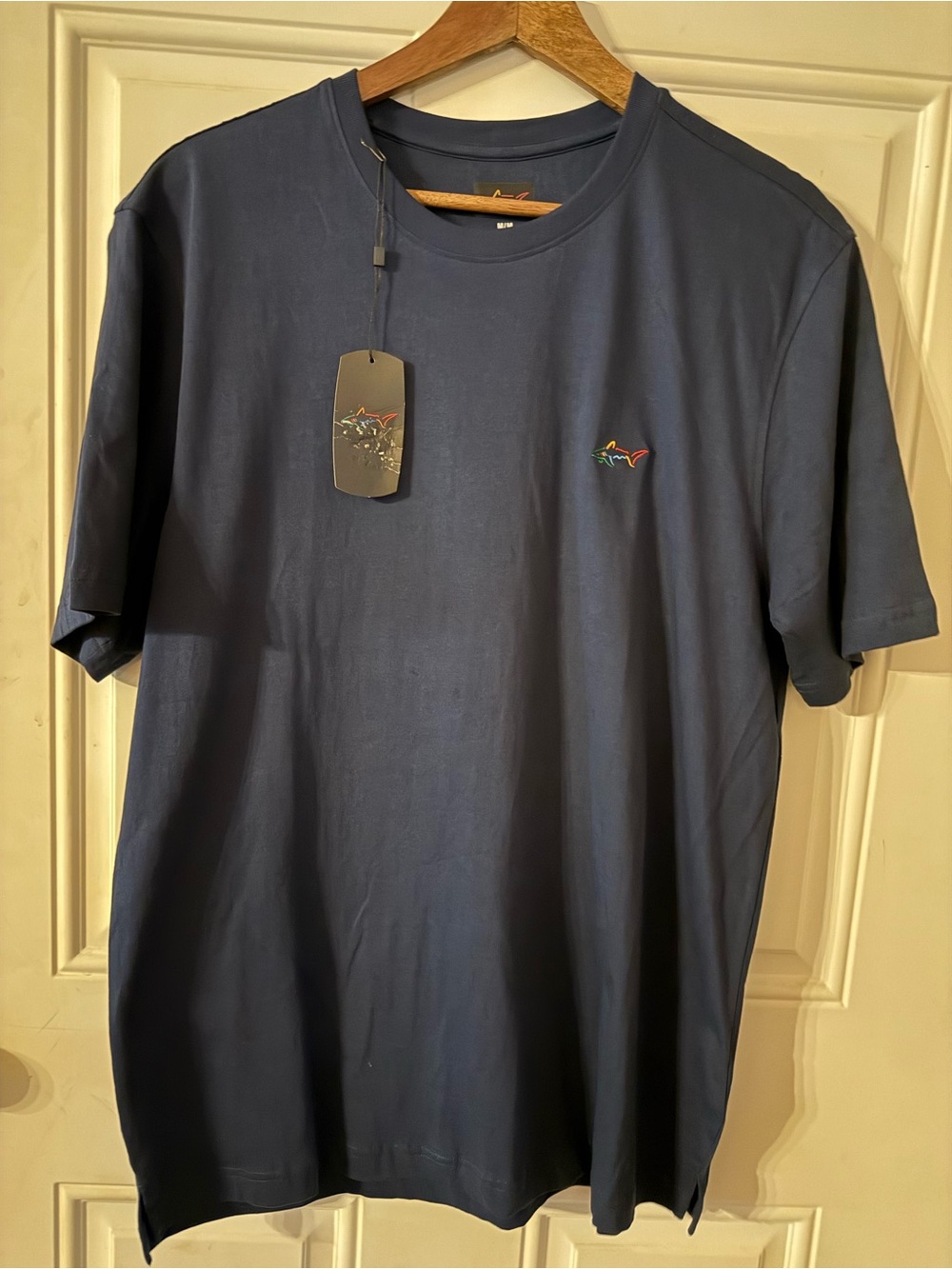 Greg Norman Collection Navy Short Sleeve Crew with Multicolor Shark Logo
